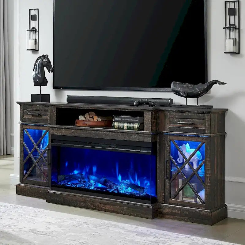Meuble TV avec cheminée pour téléviseur de 80 pouces, meuble de divertissement, console multimédia