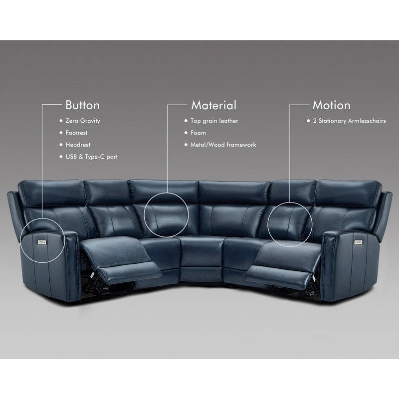 Canapé d'angle inclinable électrique en cuir véritable 3 couleurs 104 W avec gravité zéro, ports USB et USB-C, fauteuils sans accoudoirs