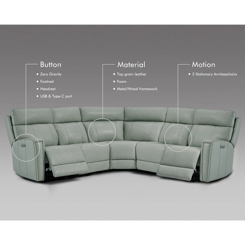 Canapé d'angle inclinable électrique en cuir véritable 3 couleurs 104 W avec gravité zéro, ports USB et USB-C, fauteuils sans accoudoirs