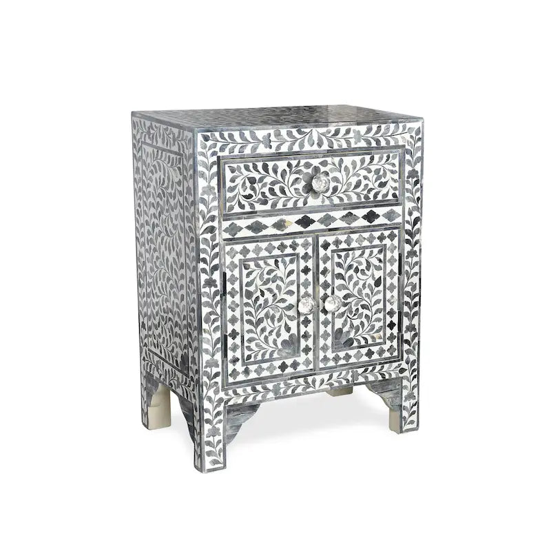 Meuble d'appoint à incrustations en os – Motif floral marocain