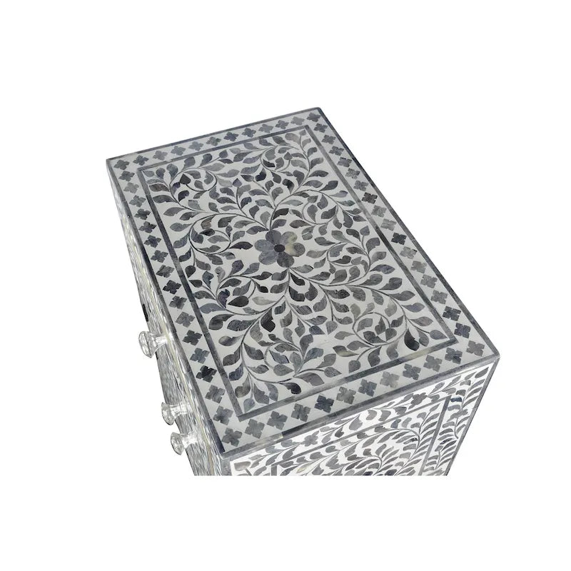 Meuble d'appoint à incrustations en os – Motif floral marocain