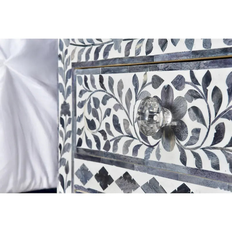 Meuble d'appoint à incrustations en os – Motif floral marocain