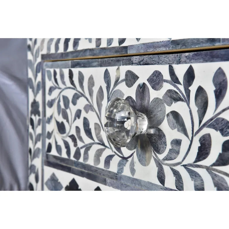 Meuble d'appoint à incrustations en os – Motif floral marocain