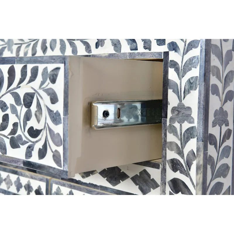 Meuble d'appoint à incrustations en os – Motif floral marocain