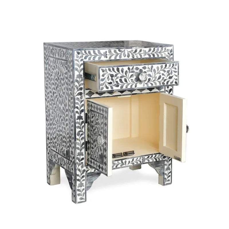 Meuble d'appoint à incrustations en os – Motif floral marocain