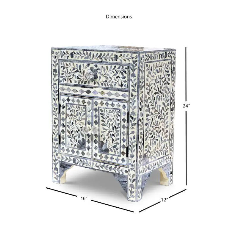 Meuble d'appoint à incrustations en os – Motif floral marocain