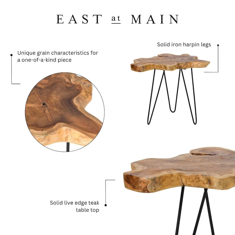 Table d'appoint en teck naturel à bords bruts avec pieds en épingle à cheveux en fer