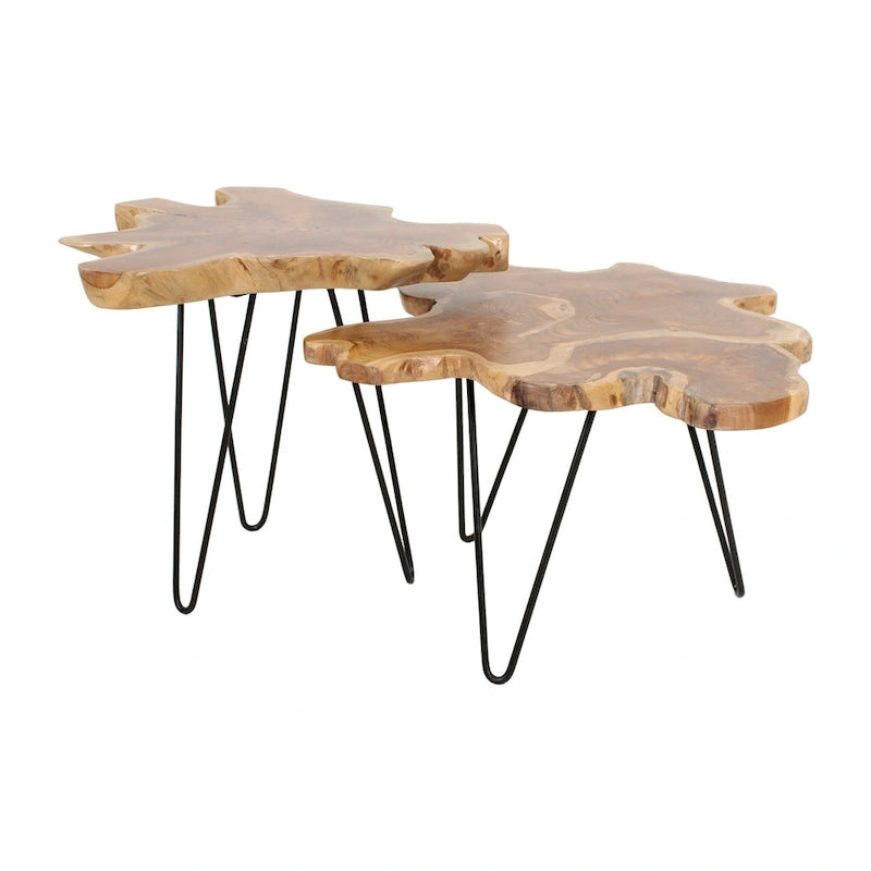 Table d'appoint en teck naturel à bords bruts avec pieds en épingle à cheveux en fer