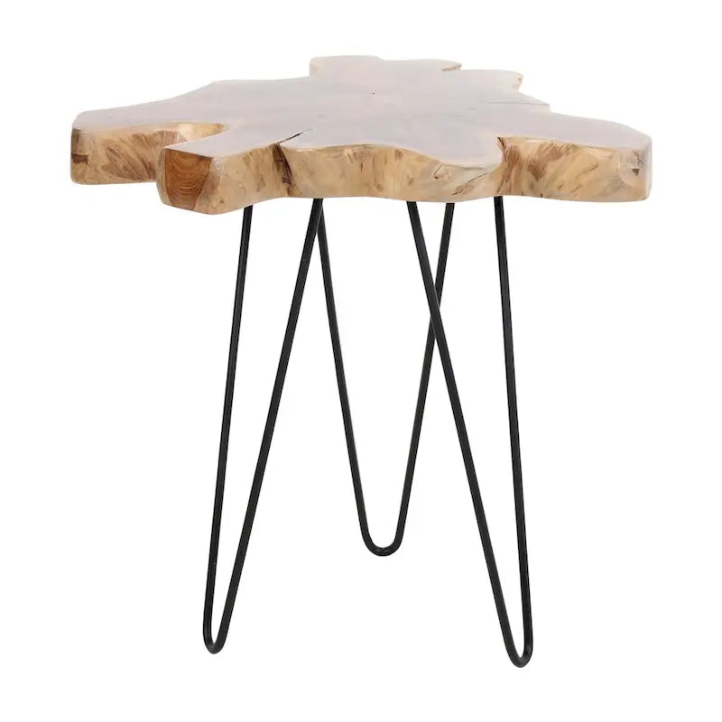 Table d'appoint en teck naturel à bords bruts avec pieds en épingle à cheveux en fer