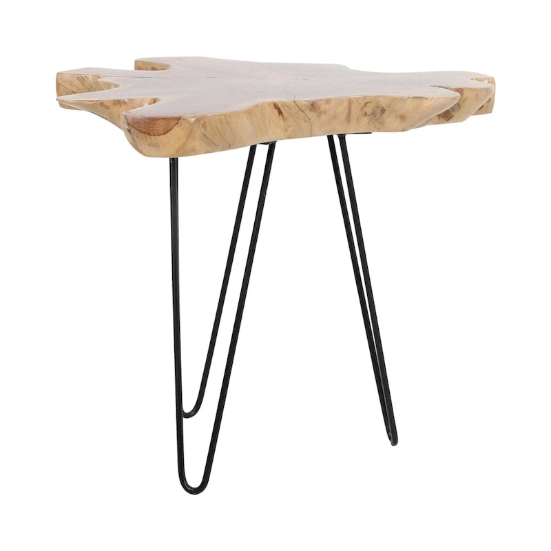 Table d'appoint en teck naturel à bords bruts avec pieds en épingle à cheveux en fer