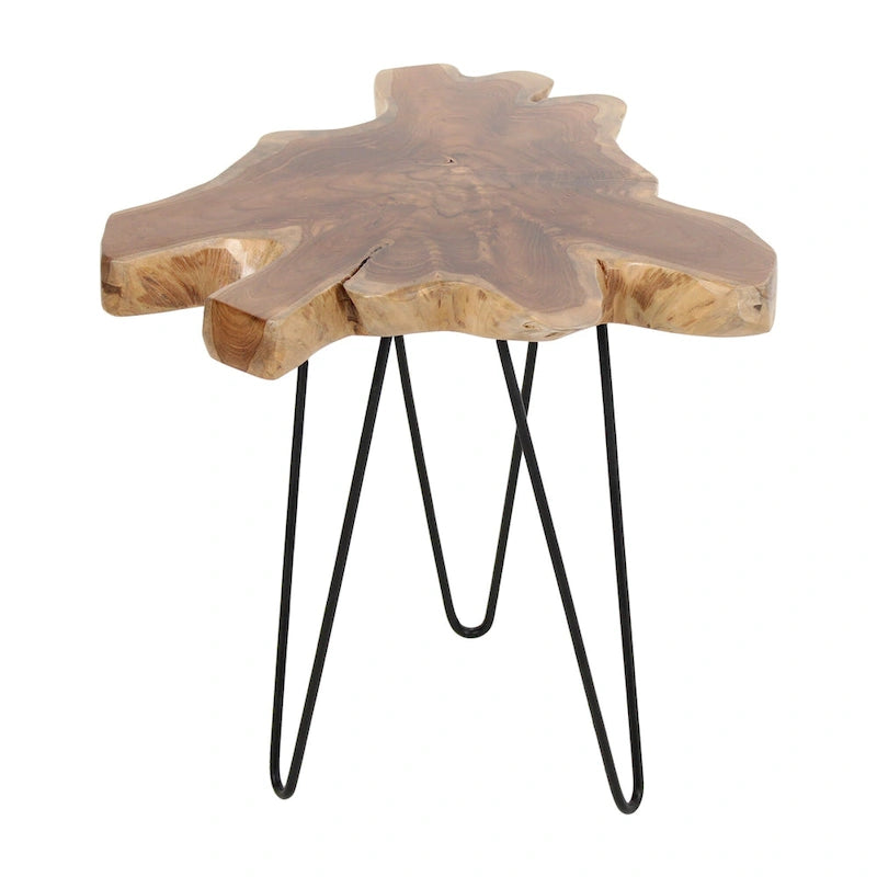 Table d'appoint en teck naturel à bords bruts avec pieds en épingle à cheveux en fer