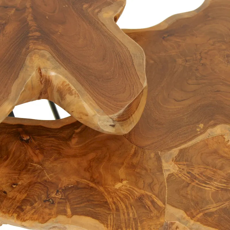 Table d'appoint en teck naturel à bords bruts avec pieds en épingle à cheveux en fer