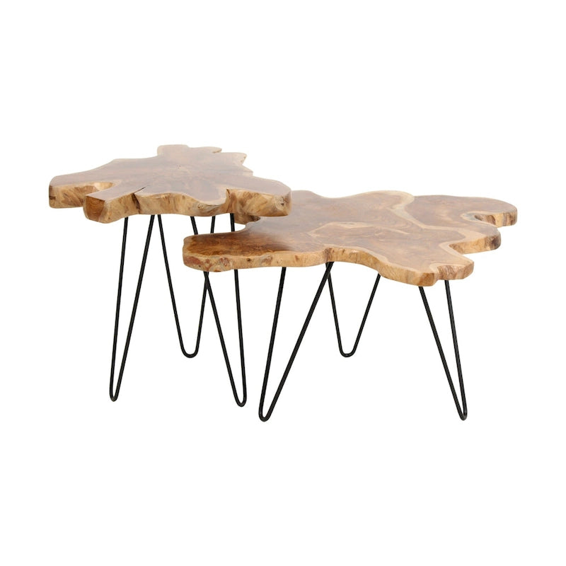 Table d'appoint en teck naturel à bords bruts avec pieds en épingle à cheveux en fer