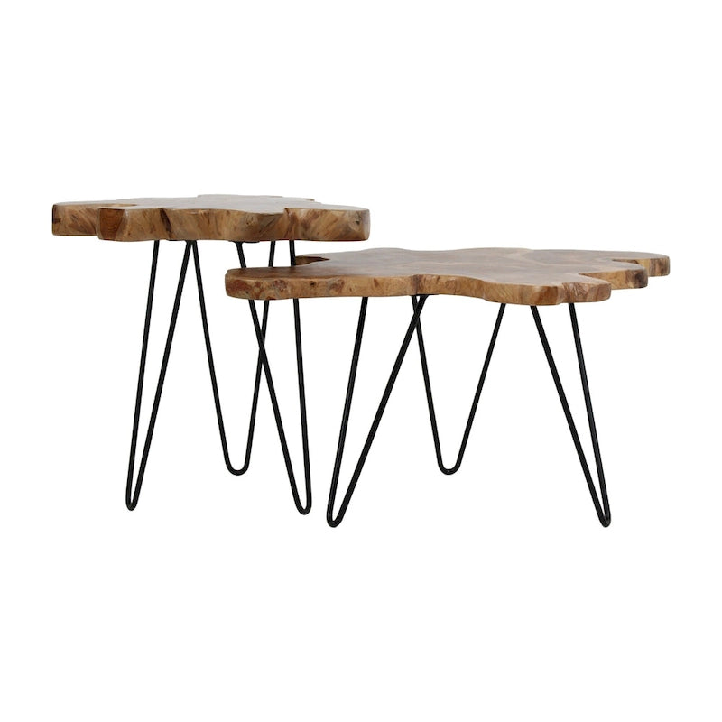 Table d'appoint en teck naturel à bords bruts avec pieds en épingle à cheveux en fer