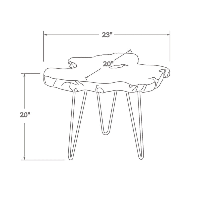 Table d'appoint en teck naturel à bords bruts avec pieds en épingle à cheveux en fer
