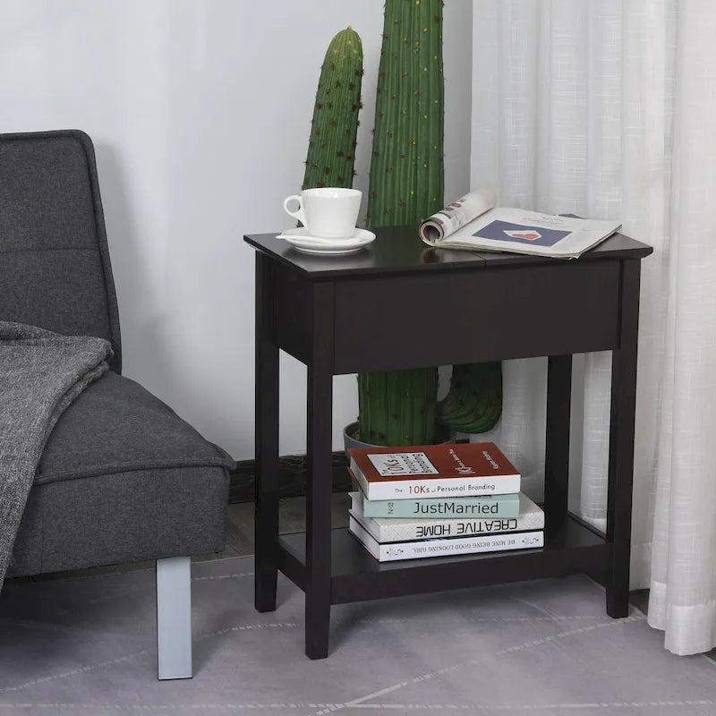 Table d'appoint avec plateau rabattable, placard et étagère inférieure - Café foncé
