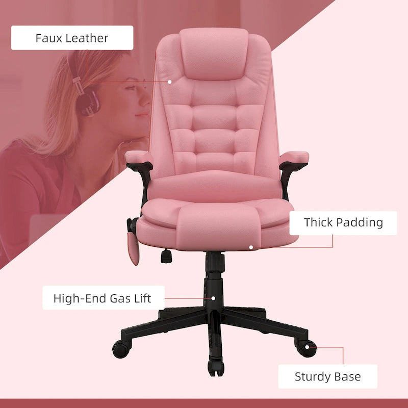 Fauteuil de bureau massant et chauffant en cuir PU, dossier haut