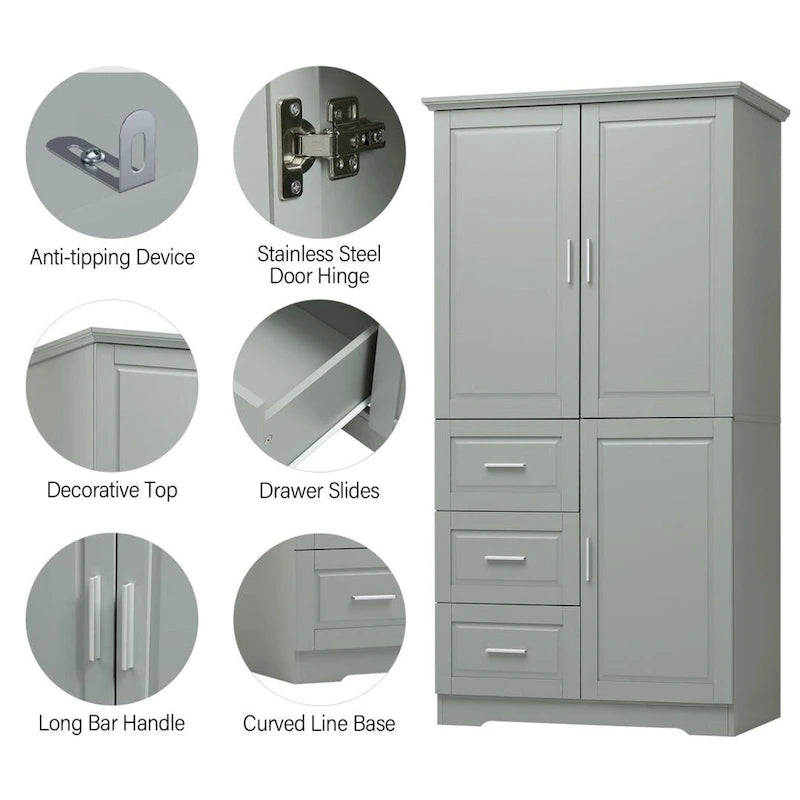 Meuble de rangement haut et large avec portes pour salle de bain/bureau trois tiroirs gris/blanc/noir