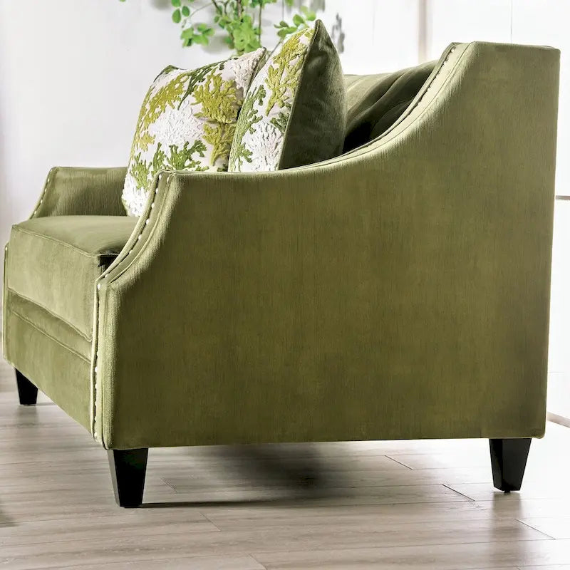 Causeuse rembourrée en microfibre vert olive de style transitionnel