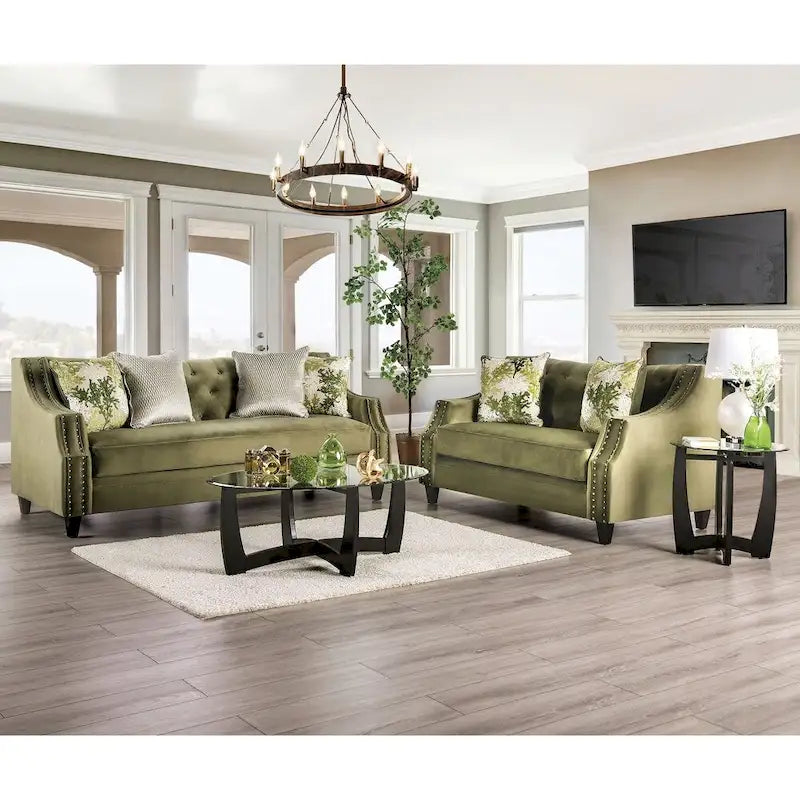 Causeuse rembourrée en microfibre vert olive de style transitionnel