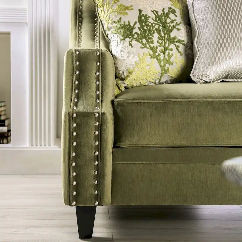 Causeuse rembourrée en microfibre vert olive de style transitionnel