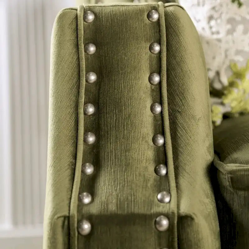 Causeuse rembourrée en microfibre vert olive de style transitionnel