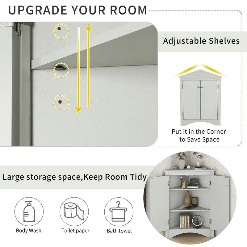Meuble de Rangement d'Angle pour Salle de Bain avec Étagères Réglables, Meuble Autoportant, Meuble d'Appoint pour Salon