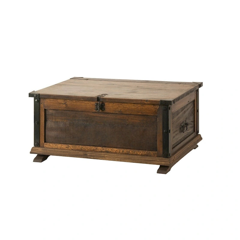 Table basse malle en bois de grange recyclé et fer forgé fait main, 91 cm de large
