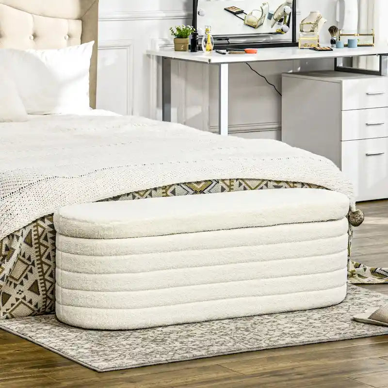 Banc de rangement ottoman de 117 cm en molleton Teddy avec cadre en bois