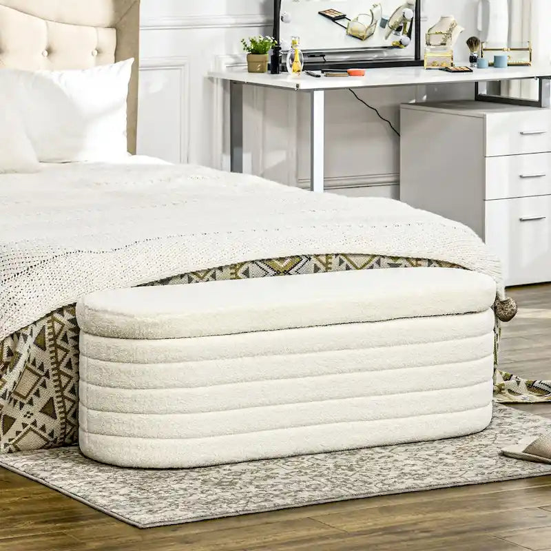 HOMCOM 46 Storage Ottoman Bench, Teddy Fleece Upholstered Boucle Storage Bench with Wood Frame, Bedroom Bench for Living Room